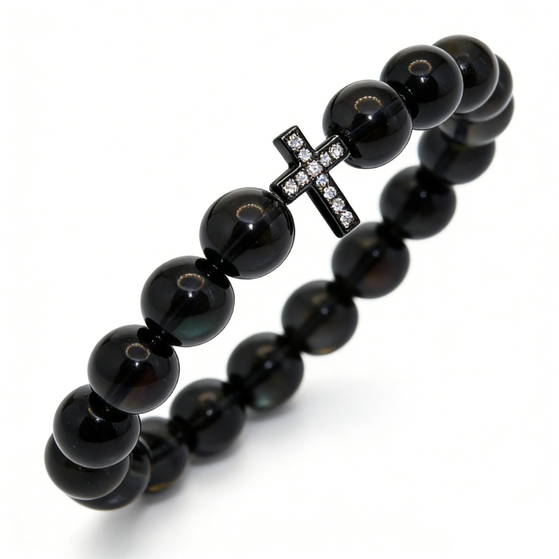 Natural Black Crystal Stretch Bracelet | Diamond Cross Charm (10mm, ONE SIZE)