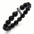 Natural Black Crystal Stretch Bracelet | Diamond Cross Charm (10mm, ONE SIZE)