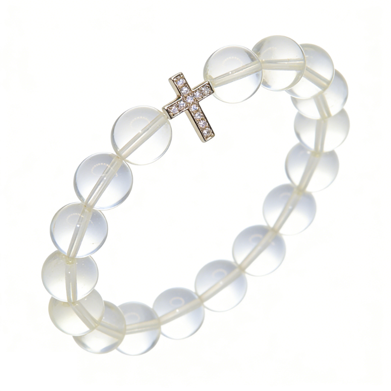 Natural Clear Quartz Crystal Stretch Bracelet | Diamond Cross Charm(10mm, ONE SIZE)