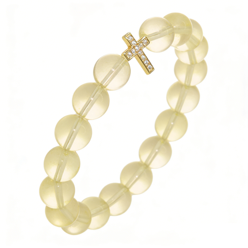 Natural Citrine Crystal Stretch Bracelet | Diamond Cross Charm (10mm, ONE SIZE)