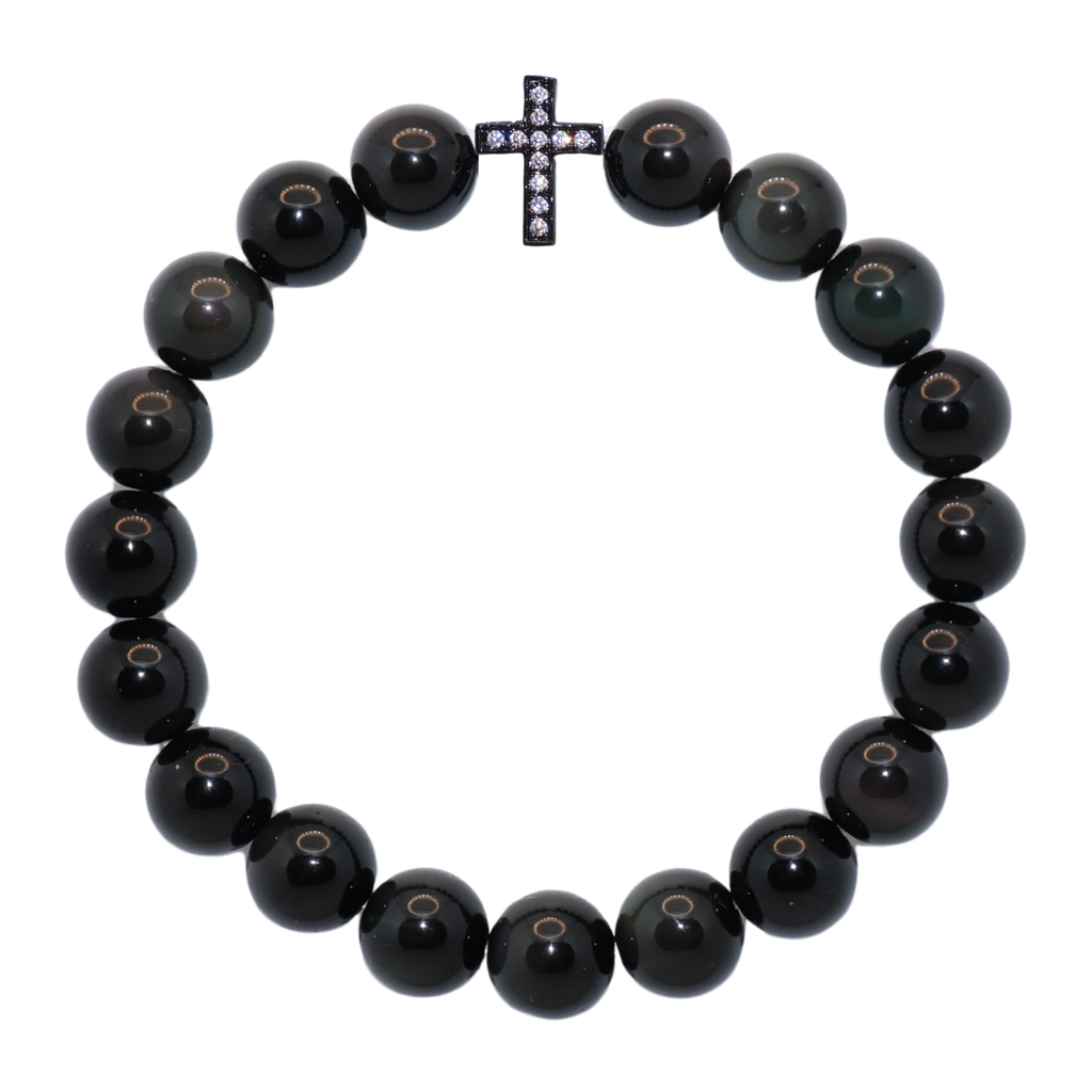 Natural Black Crystal Stretch Bracelet | Diamond Cross Charm (10mm, ONE SIZE)