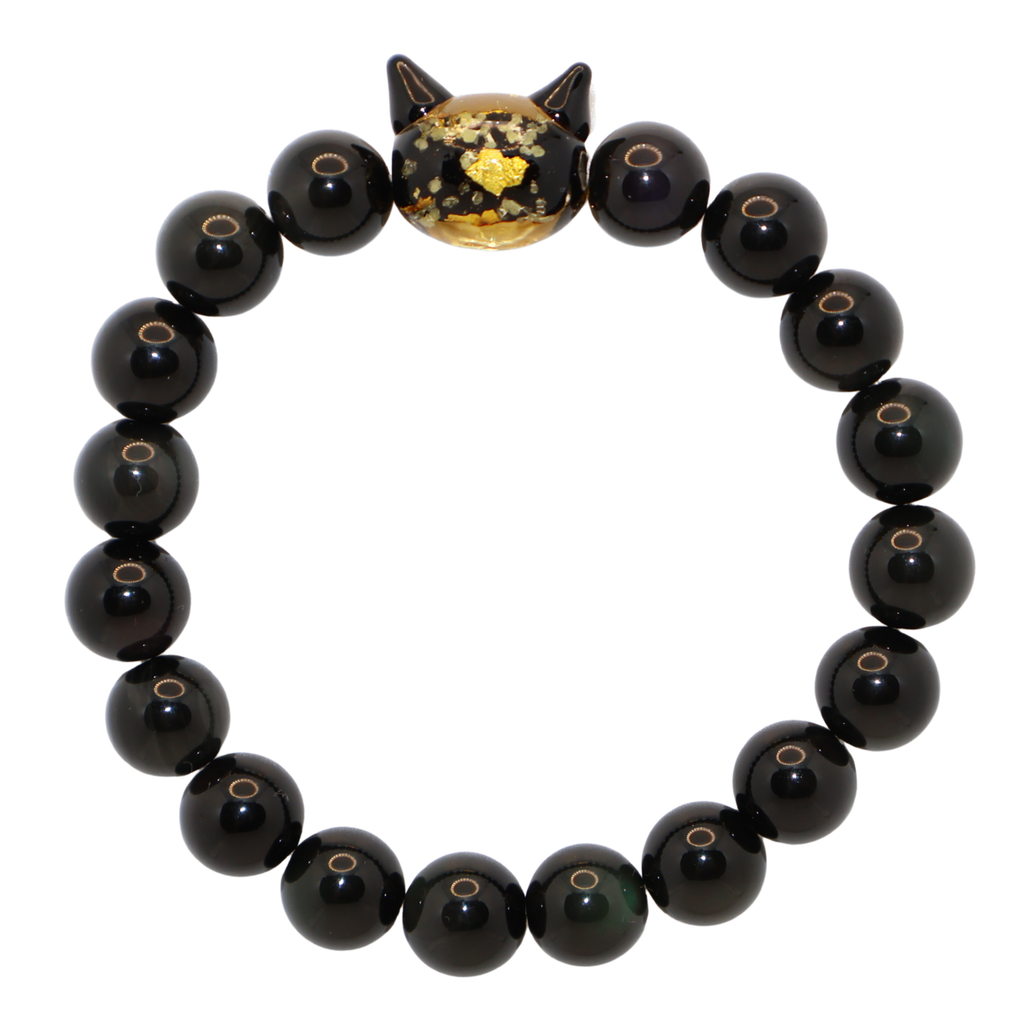 Natural Obsidian Crystal Stretch Bracelet | Luminous Black Cat Charm (10mm, ONE SIZE)