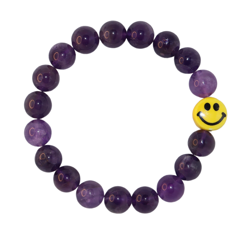 Natural Amethyst Crystal Stretch Bracelet | Smiley Face Charm (10mm, ONE SIZE)