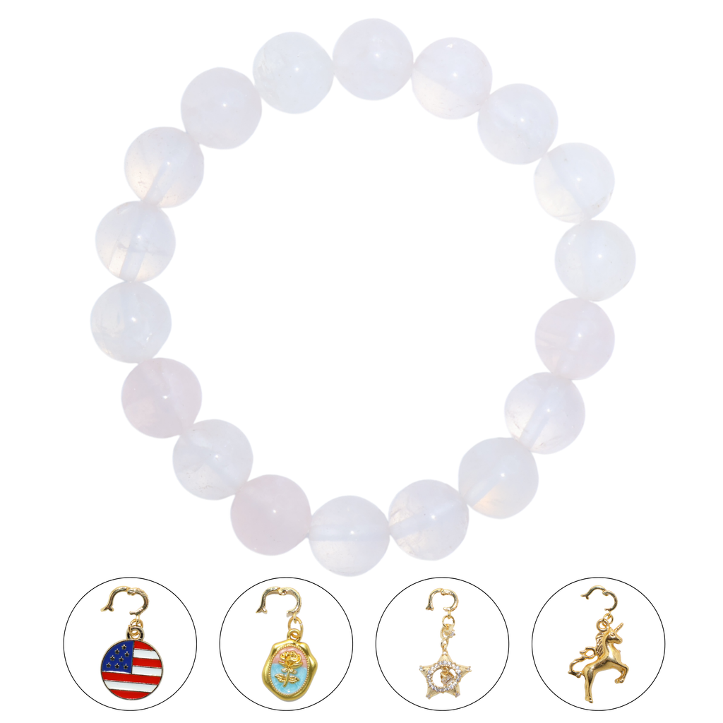 Natural Rose Quartz Crystal Stretch Bracelet | Interchangeable Rotatable Charms (10mm, ONE SIZE)