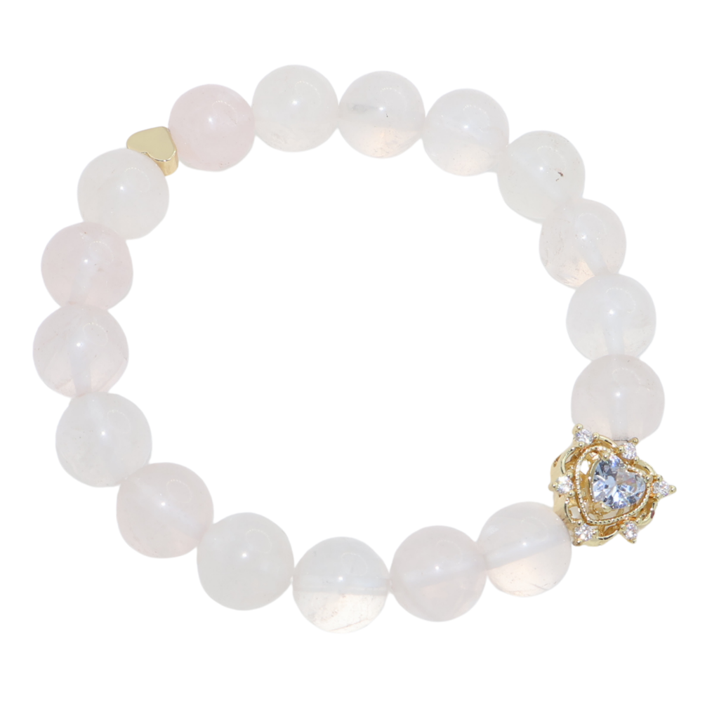 Natural Rose Quartz Crystal Stretch Bracelet | Double Sweet Heart Charms (10mm, ONE SIZE)