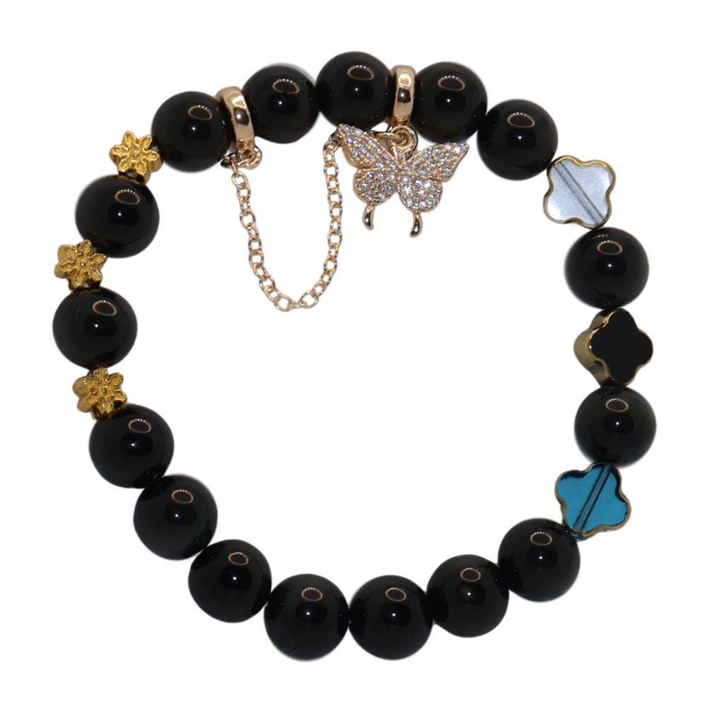 Natural Obsidian Garden Charm Stretch Bracelet (10mm, ONE SIZE)