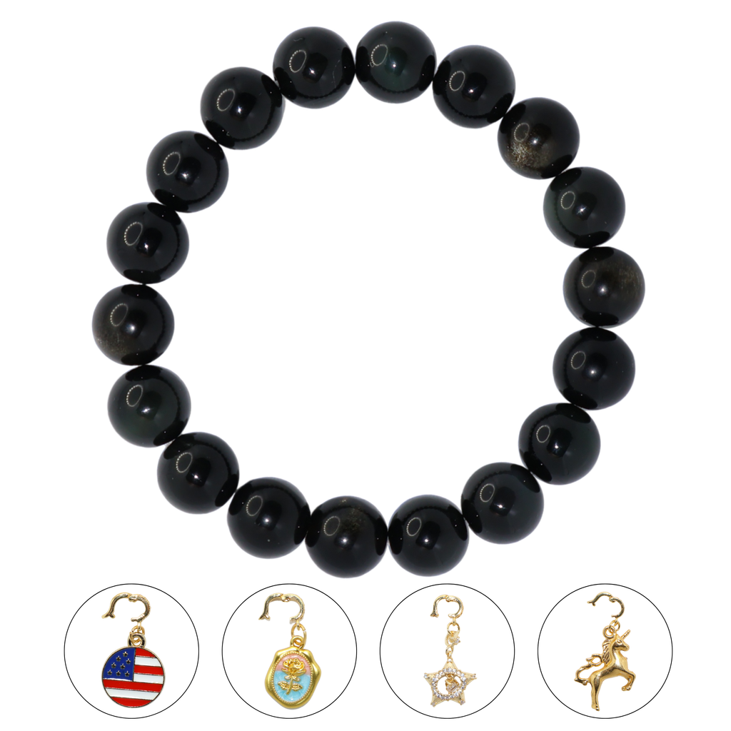 Natural Obsidian Crystal Stretch Bracelet | Interchangeable Rotatable Charms (10mm, ONE SIZE)