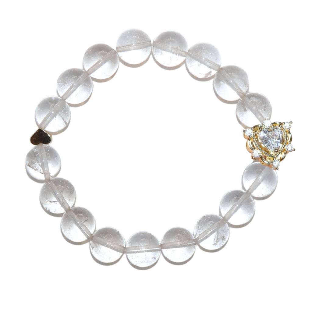 Natural Clear Quartz Crystal Stretch Bracelet | Double Sweet Heart Charms (10mm, ONE SIZE)