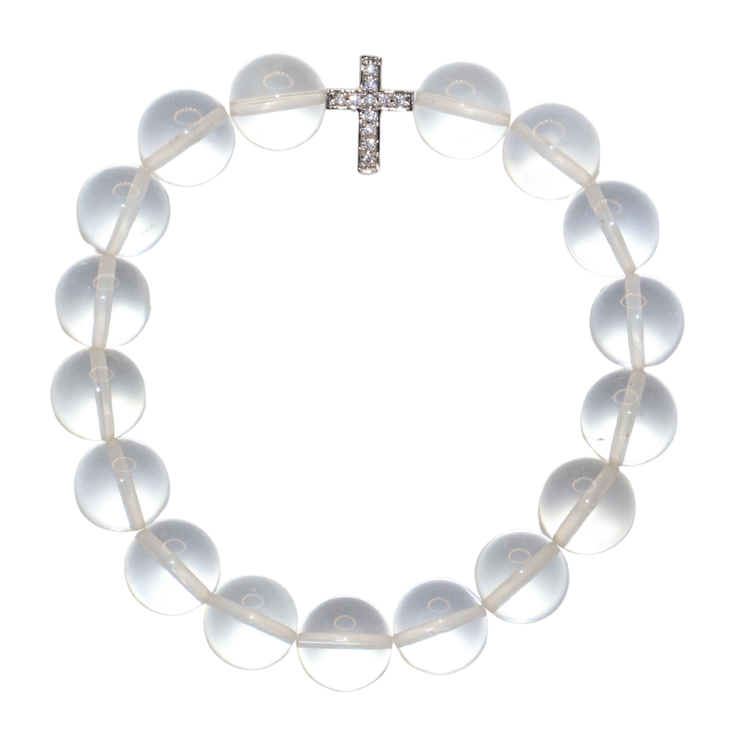 Natural Clear Quartz Crystal Stretch Bracelet | Diamond Cross Charm(10mm, ONE SIZE)