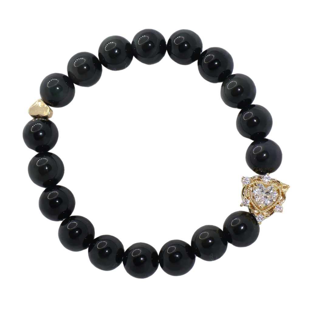 Natural Obsidian Crystal Stretch Bracelet | Double Sweet Heart Charms (10mm, ONE SIZE)