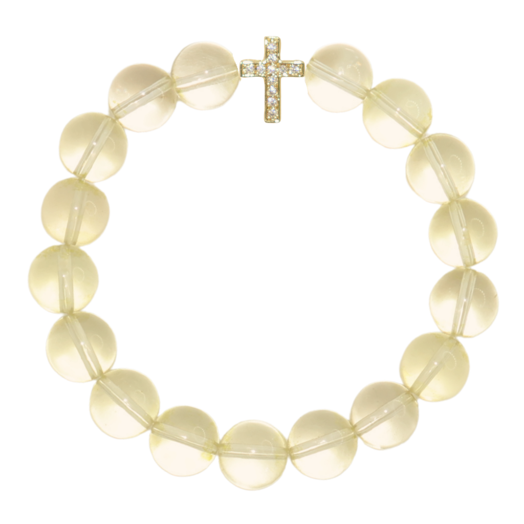 Natural Citrine Crystal Stretch Bracelet | Diamond Cross Charm (10mm, ONE SIZE)