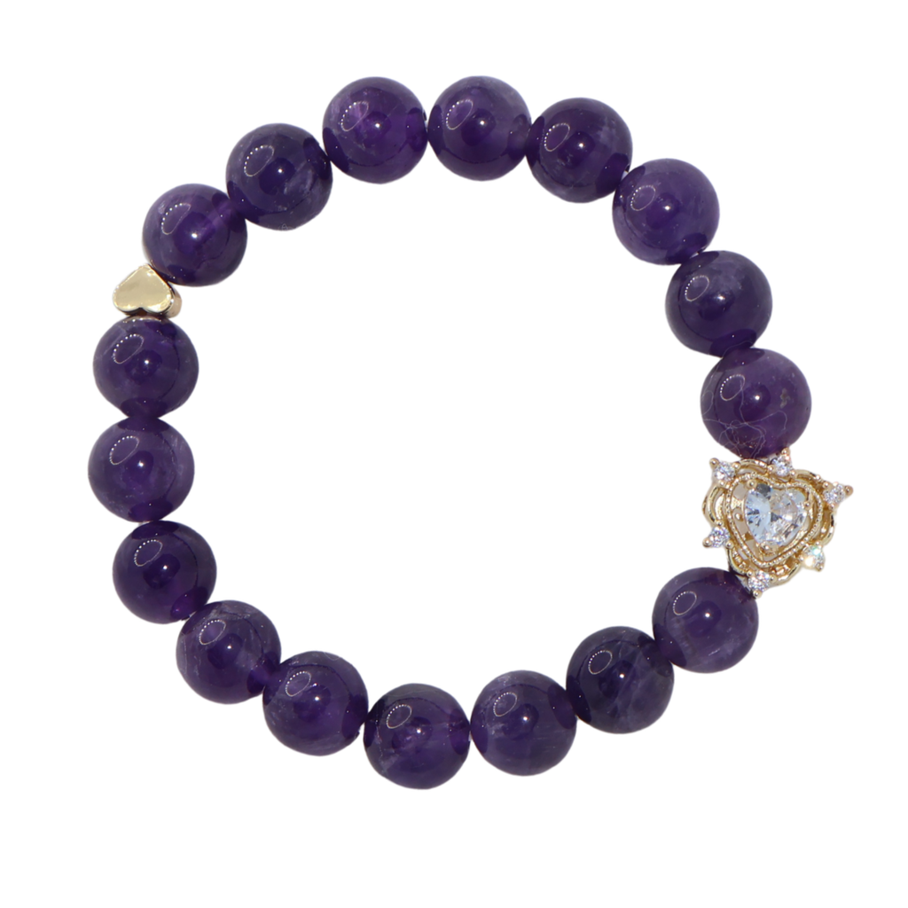 Natural Amethyst Crystal Stretch Bracelet | Double Sweet Heart Charms (10mm, ONE SIZE)