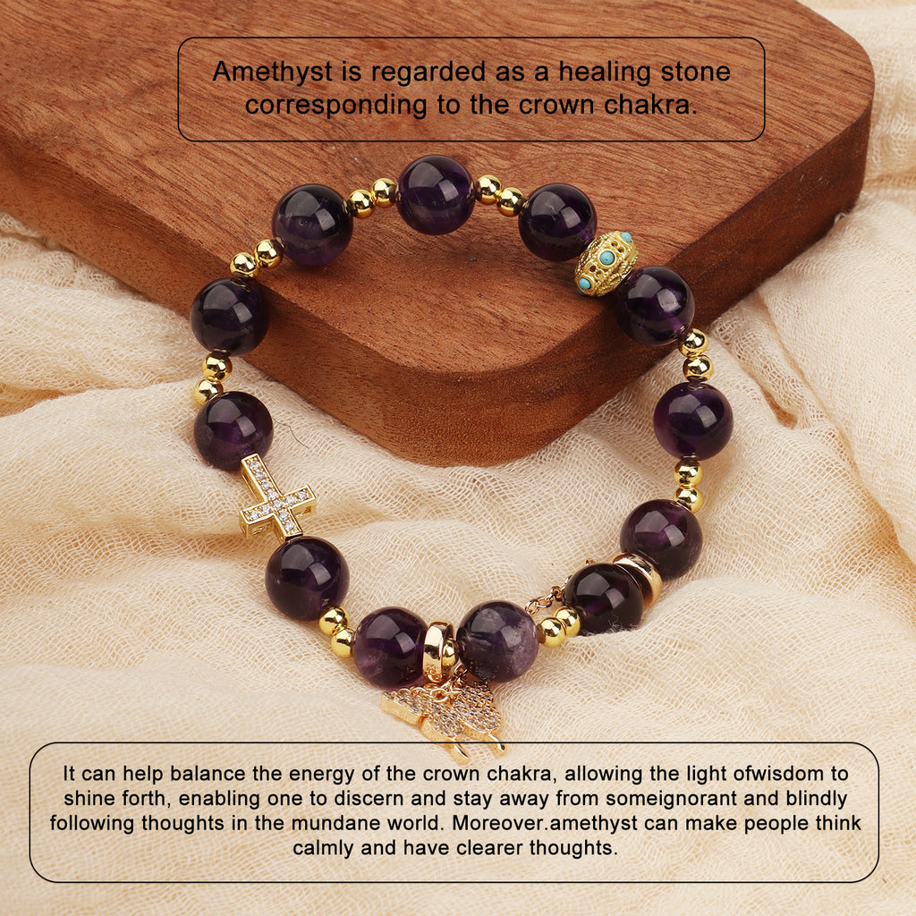 Regal Amethyst Charm Stretch Bracelet (10mm, ONE SIZE) | Crown + Cross + Butterfly
