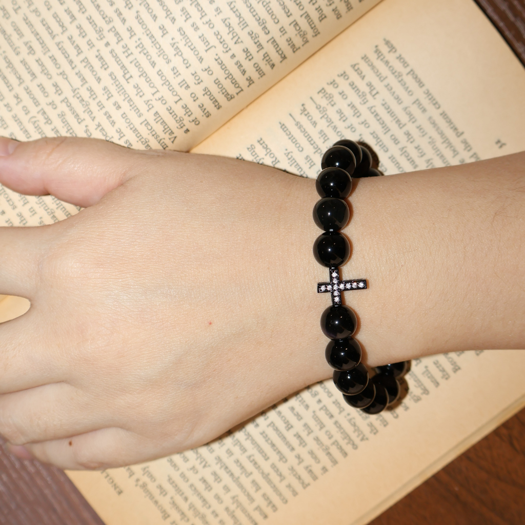 Natural Black Crystal Stretch Bracelet | Diamond Cross Charm (10mm, ONE SIZE)
