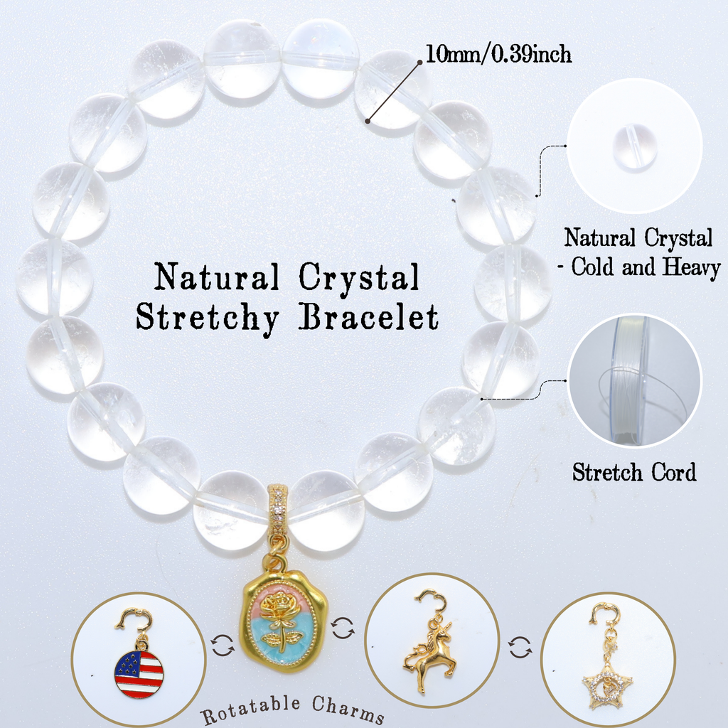 Natural Clear Quartz Crystal Stretch Bracelet | Interchangeable Rotatable Charms (10mm, ONE SIZE)