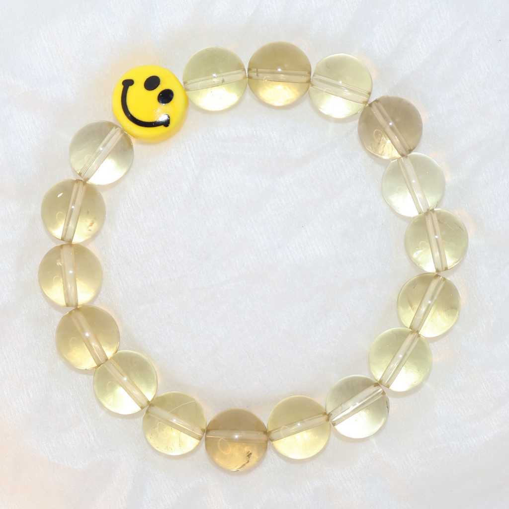 Natural Citrine Crystal Stretch Bracelet | Smiley Face Charm (10mm, ONE SIZE)