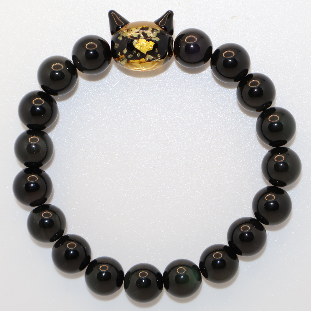 Natural Obsidian Crystal Stretch Bracelet | Luminous Black Cat Charm (10mm, ONE SIZE)