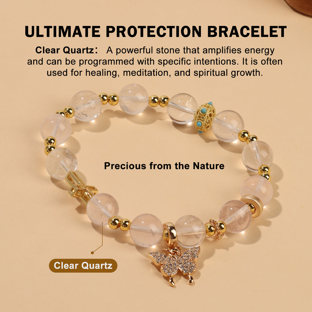Luminous Clear Quartz Charm Stretch Bracelet (10mm, ONE SIZE) | Crown + Cross + Butterfly