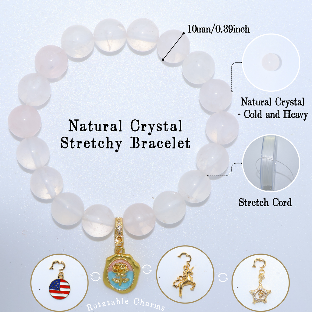 Natural Rose Quartz Crystal Stretch Bracelet | Interchangeable Rotatable Charms (10mm, ONE SIZE)