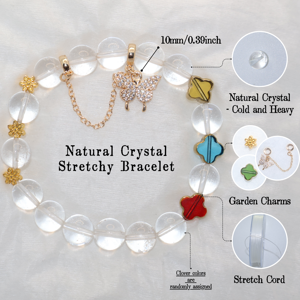 Natural Clear Quartz Garden Charm Stretch Bracelet (10mm, ONE SIZE)