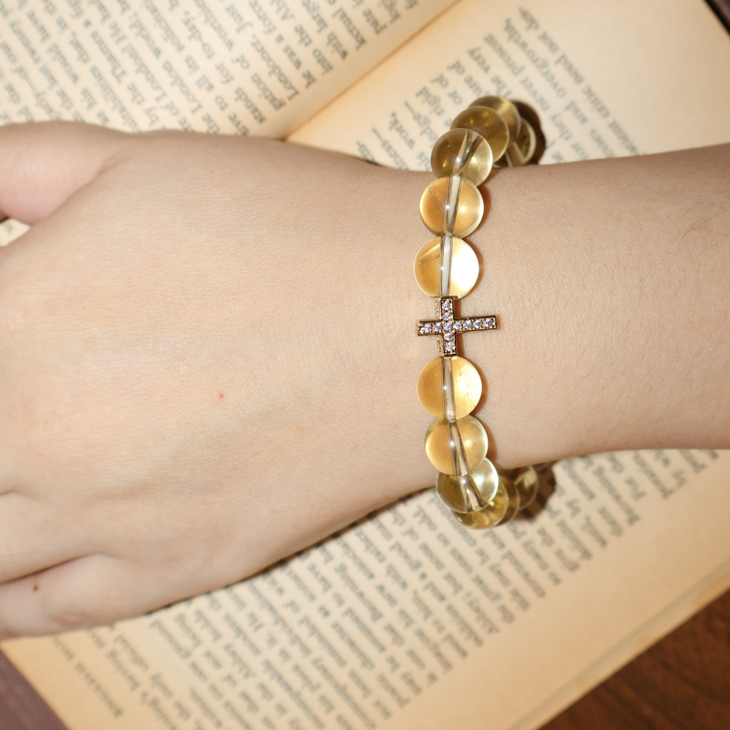 Natural Citrine Crystal Stretch Bracelet | Diamond Cross Charm (10mm, ONE SIZE)