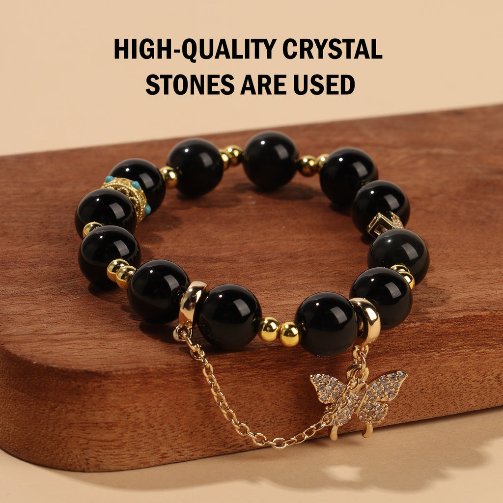 Edgy Obsidian Charm Stretch Bracelet (10mm, ONE SIZE) | Crown + Cross + Butterfly