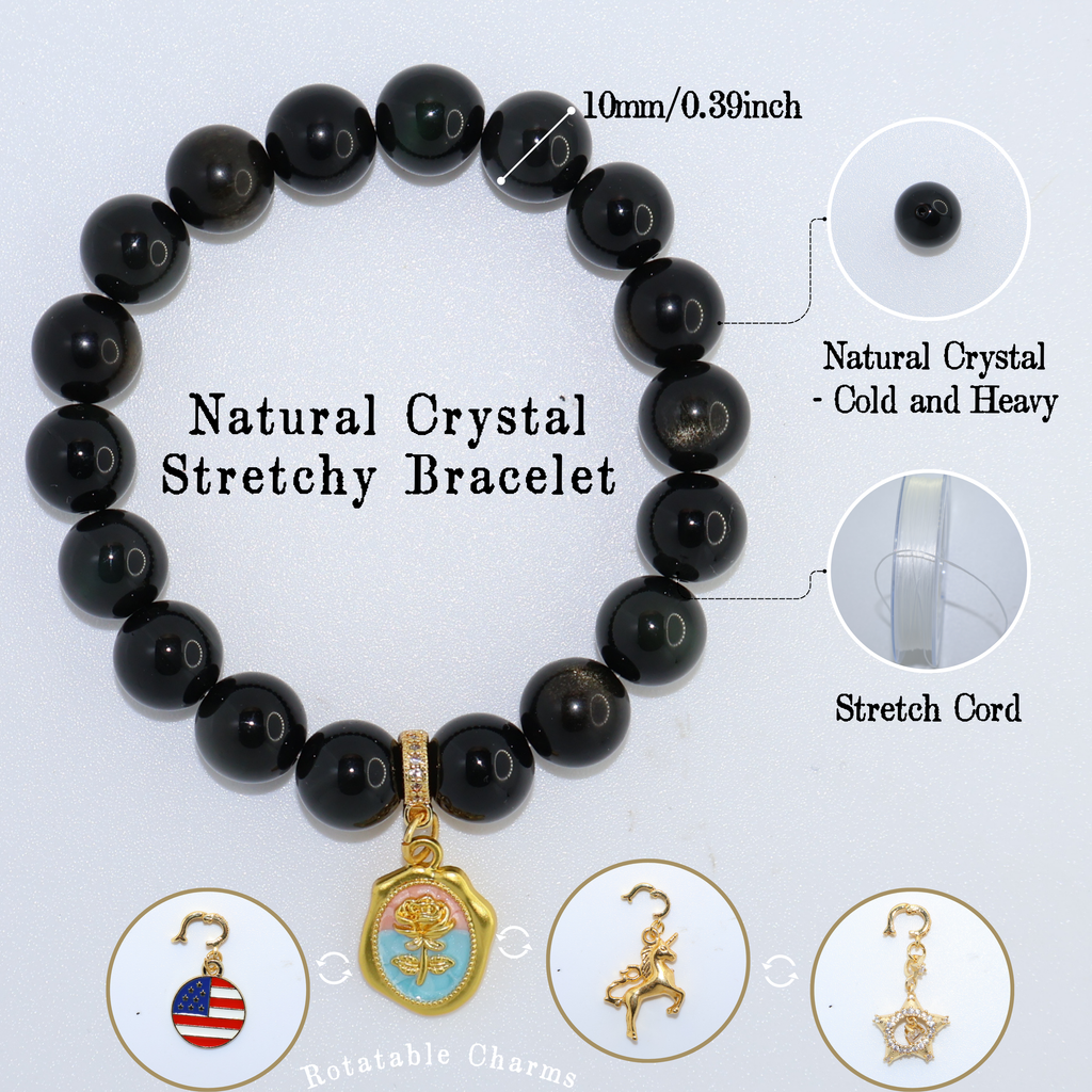 Natural Obsidian Crystal Stretch Bracelet | Interchangeable Rotatable Charms (10mm, ONE SIZE)