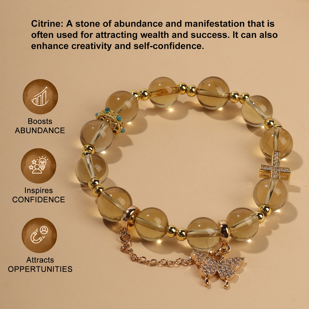 Luxe Citrine Charm Stretch Bracelet (10mm, ONE SIZE) | Crown + Cross + Butterfly