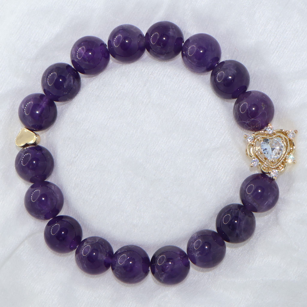 Natural Amethyst Crystal Stretch Bracelet | Double Sweet Heart Charms (10mm, ONE SIZE)