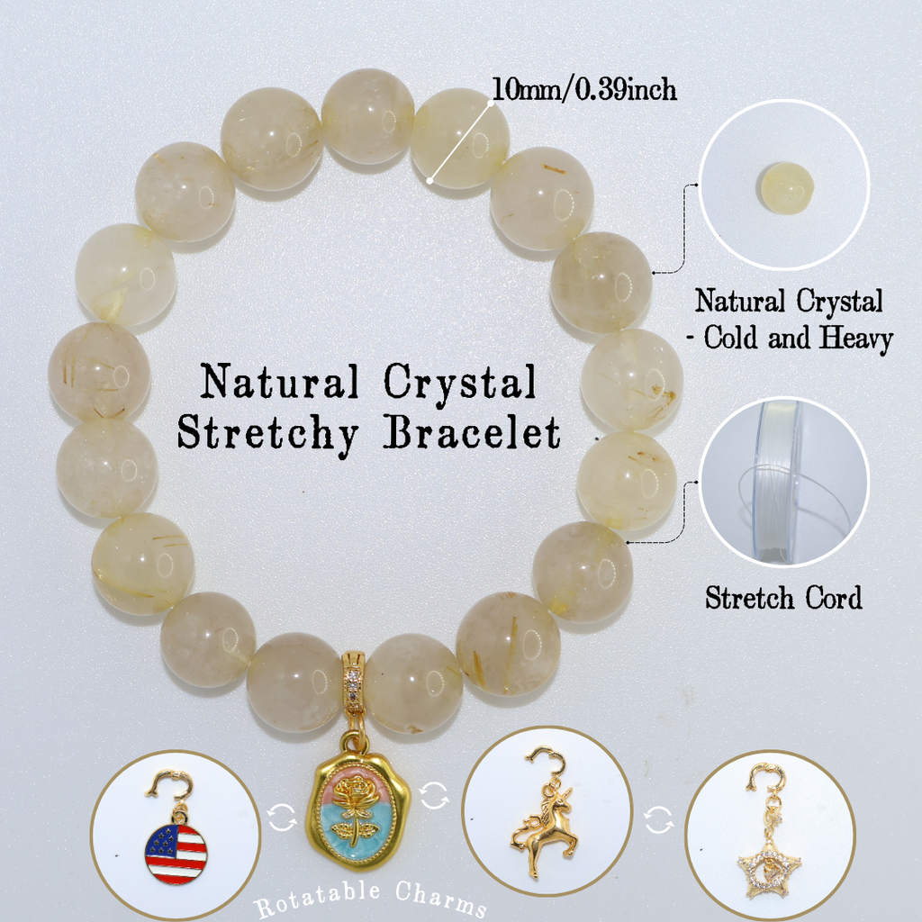 Natural Rutilated Quartz Crystal Stretch Bracelet | Interchangeable Rotatable Charms (10mm, ONE SIZE)