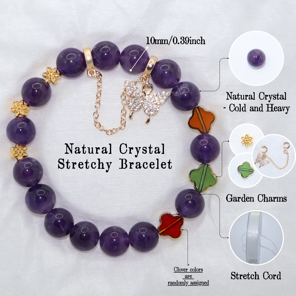 Natural Amethyst Garden Charm Stretch Bracelet (10mm, ONE SIZE)