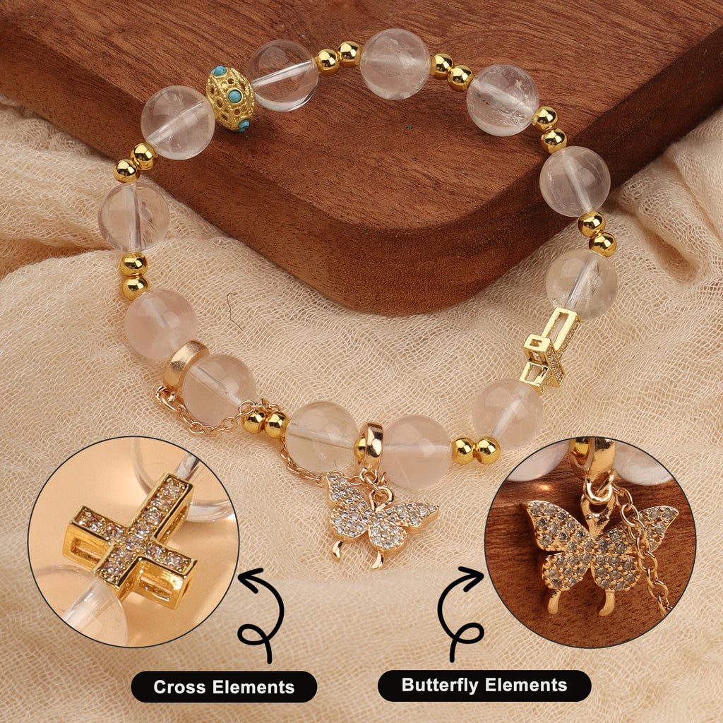Romantic Rose Quartz Charm Stretch Bracelet (10mm, ONE SIZE) | Crown + Cross + Butterfly