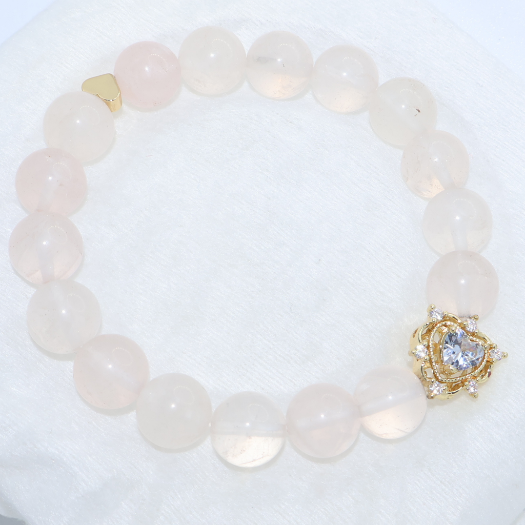 Natural Rose Quartz Crystal Stretch Bracelet | Double Sweet Heart Charms (10mm, ONE SIZE)