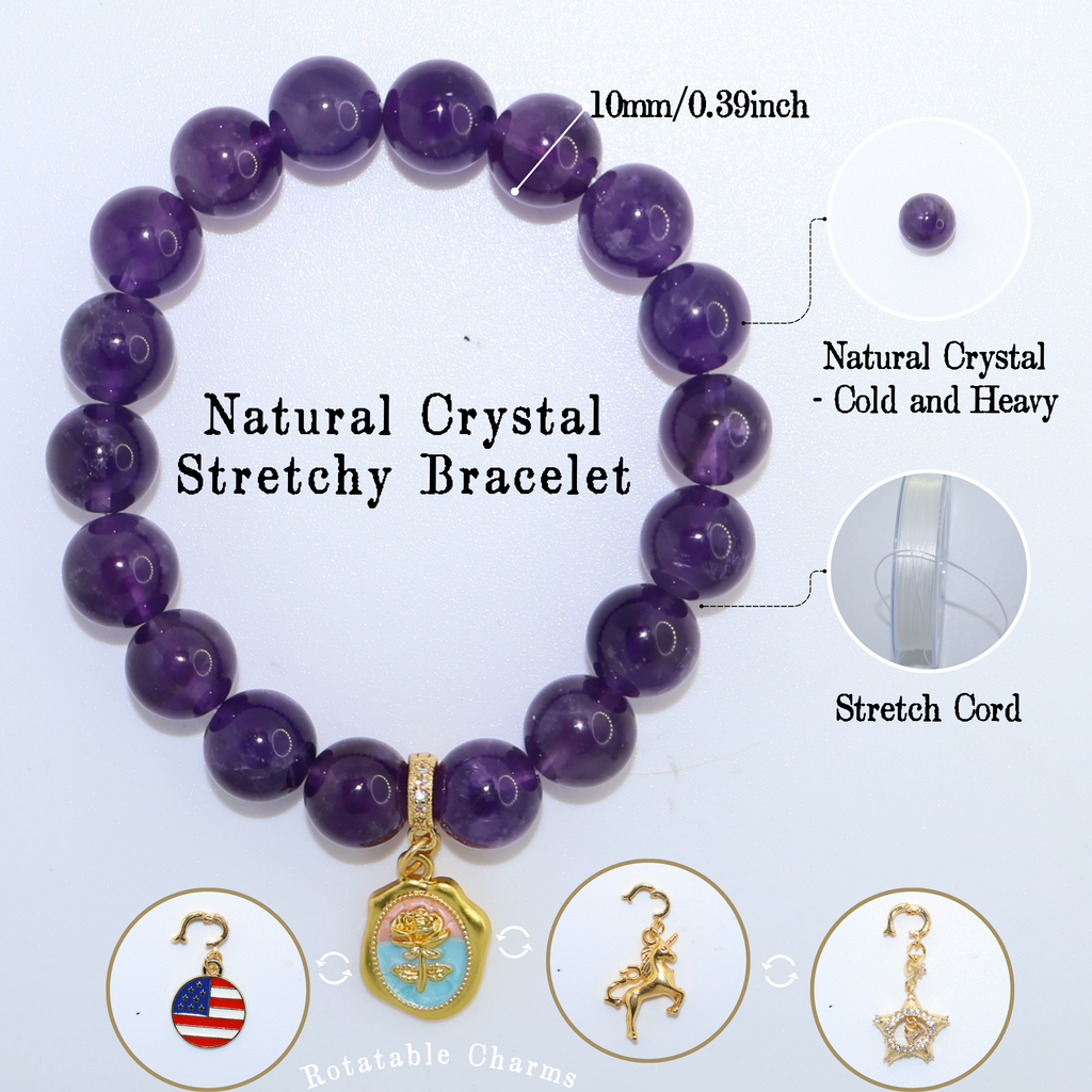 Natural Amethyst Crystal Stretch Bracelet | Interchangeable Rotatable Charms (10mm, ONE SIZE)