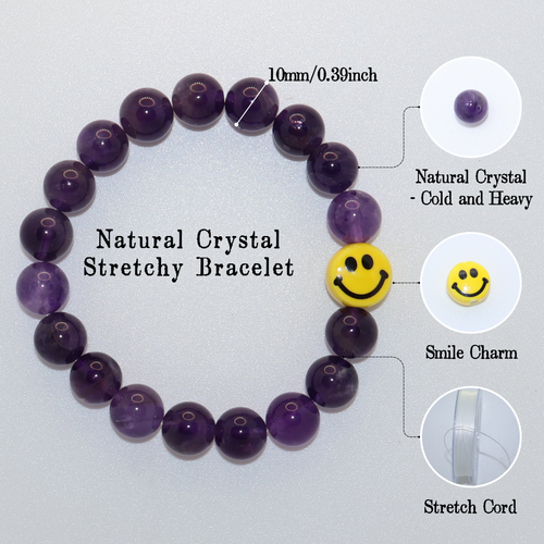 Natural Amethyst Crystal Stretch Bracelet | Smiley Face Charm (10mm, ONE SIZE)