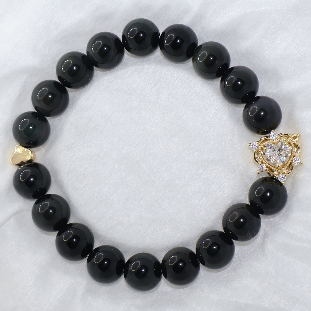 Natural Obsidian Crystal Stretch Bracelet | Double Sweet Heart Charms (10mm, ONE SIZE)