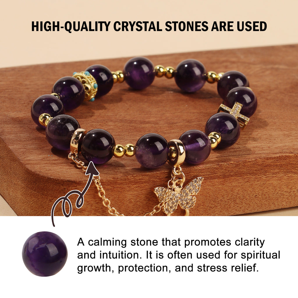 Regal Amethyst Charm Stretch Bracelet (10mm, ONE SIZE) | Crown + Cross + Butterfly