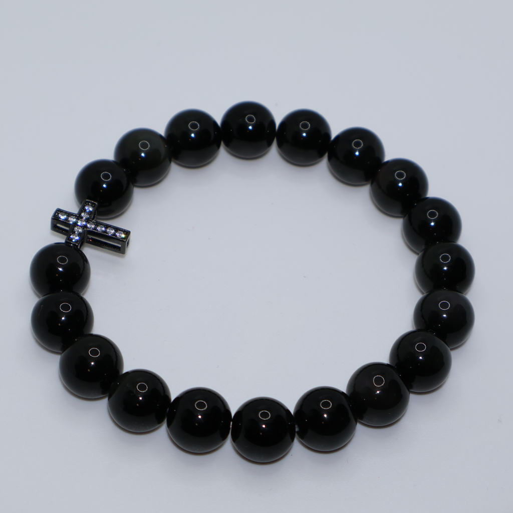Natural Black Crystal Stretch Bracelet | Diamond Cross Charm (10mm, ONE SIZE)