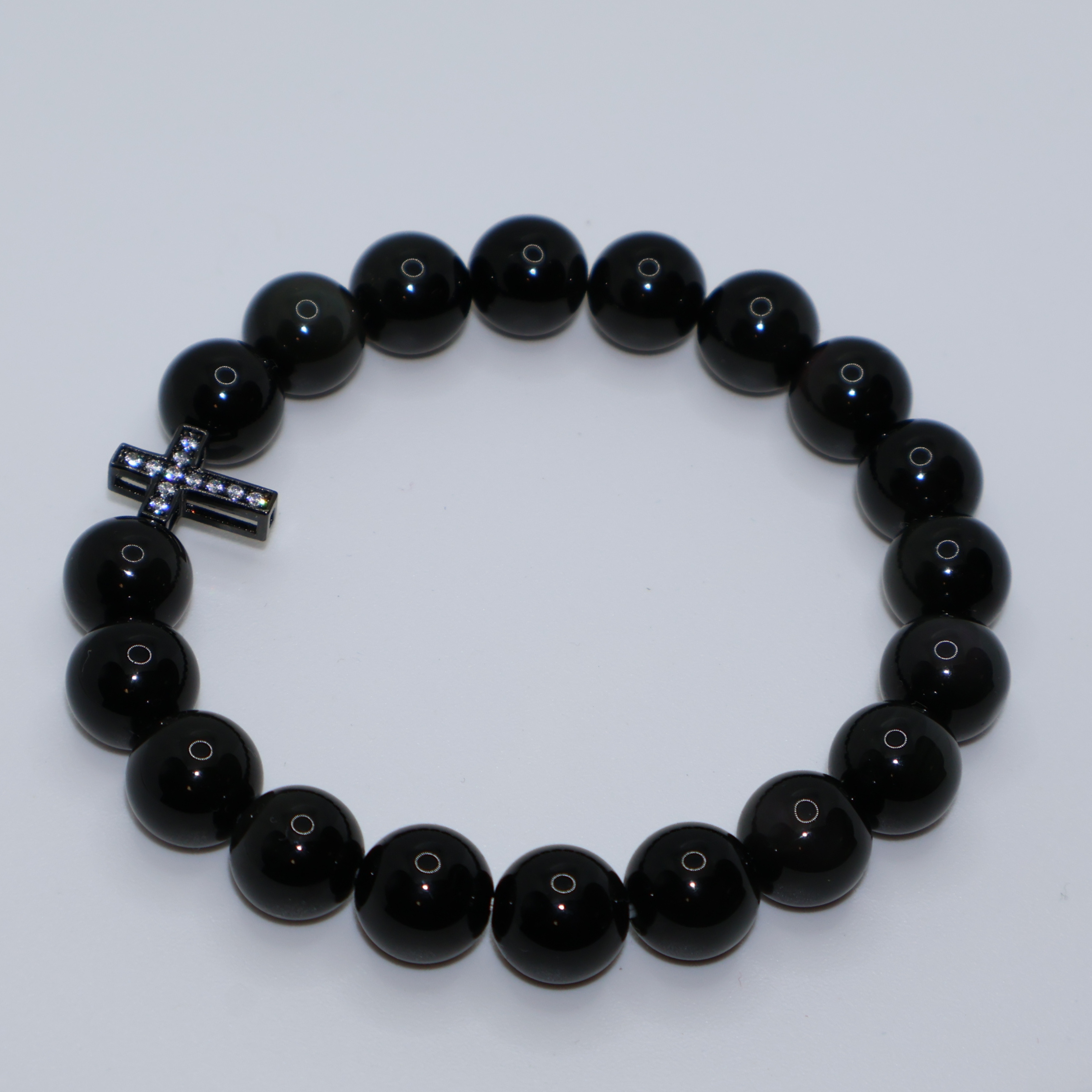 Natural Black Crystal Stretch Bracelet | Diamond Cross Charm (10mm, ONE SIZE)