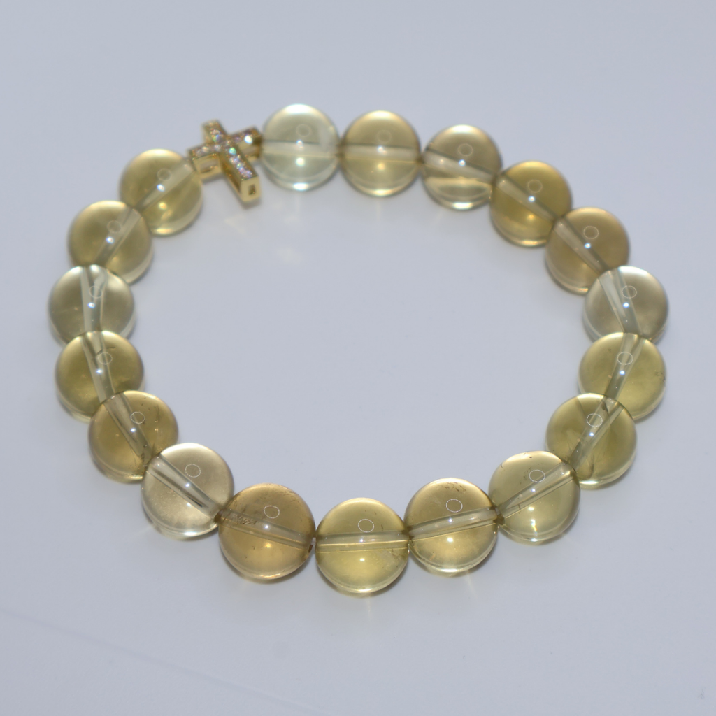 Natural Citrine Crystal Stretch Bracelet | Diamond Cross Charm (10mm, ONE SIZE)