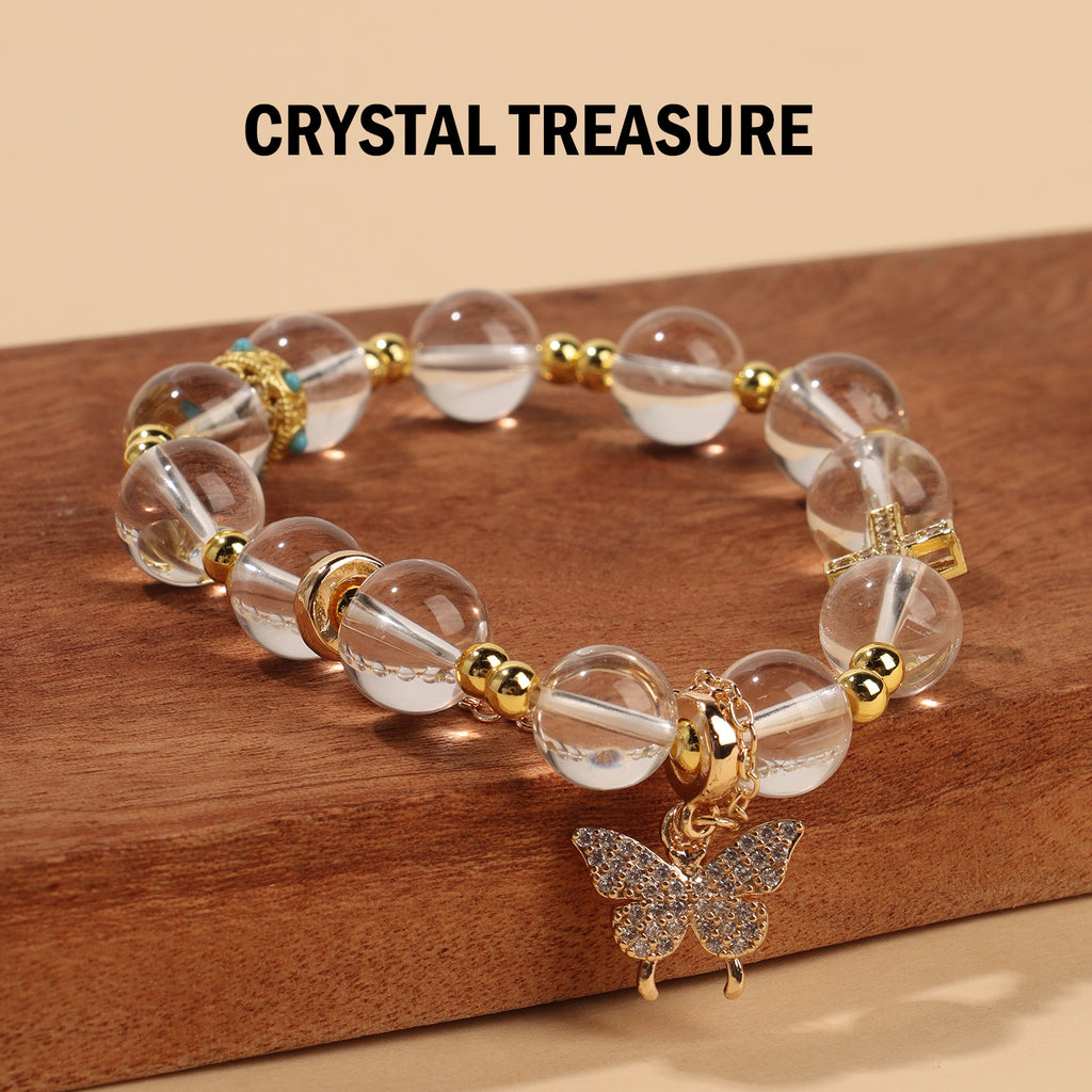 Luminous Clear Quartz Charm Stretch Bracelet (10mm, ONE SIZE) | Crown + Cross + Butterfly
