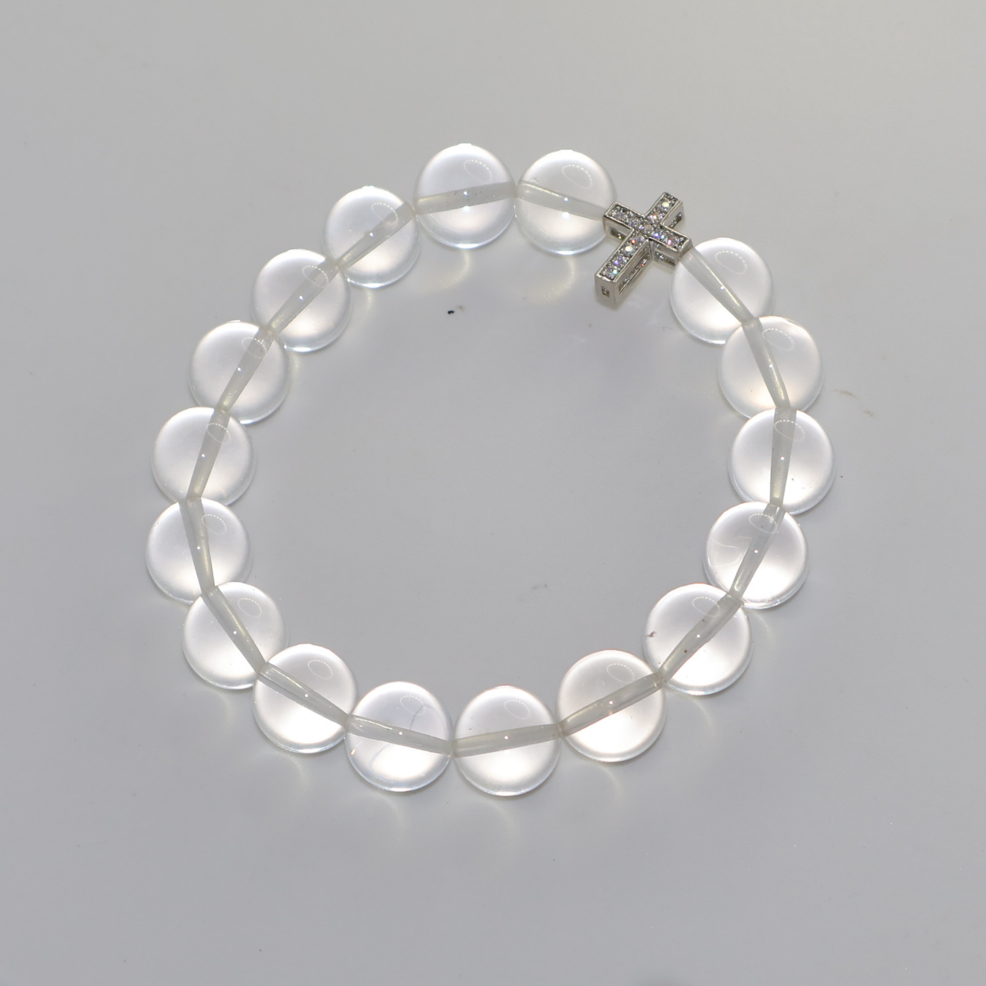 Natural Clear Quartz Crystal Stretch Bracelet | Diamond Cross Charm(10mm, ONE SIZE)