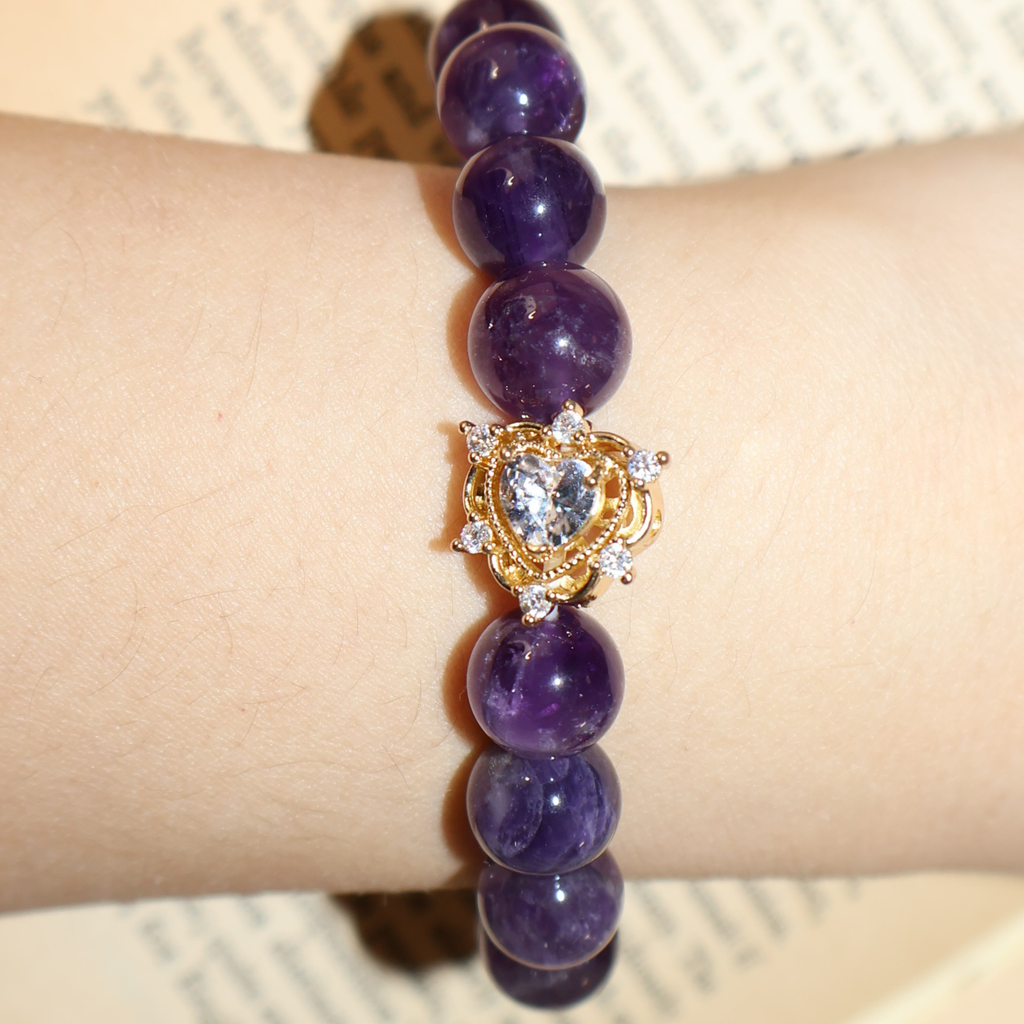 Natural Amethyst Crystal Stretch Bracelet | Double Sweet Heart Charms (10mm, ONE SIZE)