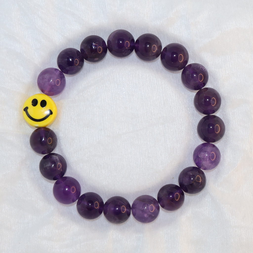 Natural Amethyst Crystal Stretch Bracelet | Smiley Face Charm (10mm, ONE SIZE)
