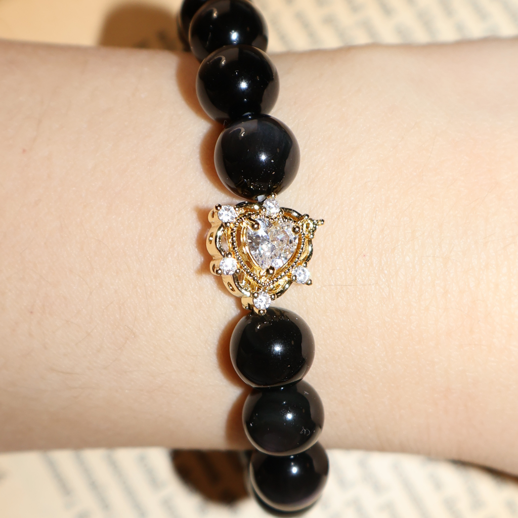 Natural Obsidian Crystal Stretch Bracelet | Double Sweet Heart Charms (10mm, ONE SIZE)