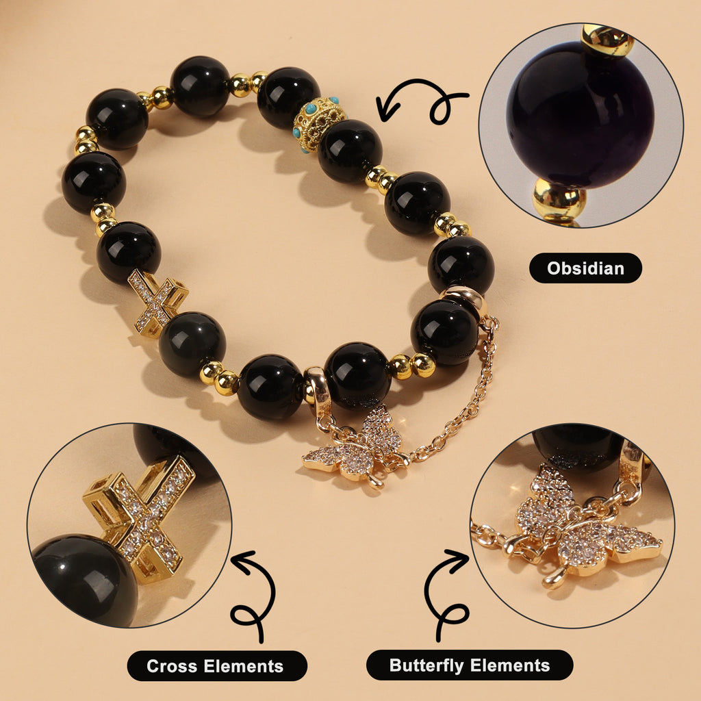 Edgy Obsidian Charm Stretch Bracelet (10mm, ONE SIZE) | Crown + Cross + Butterfly