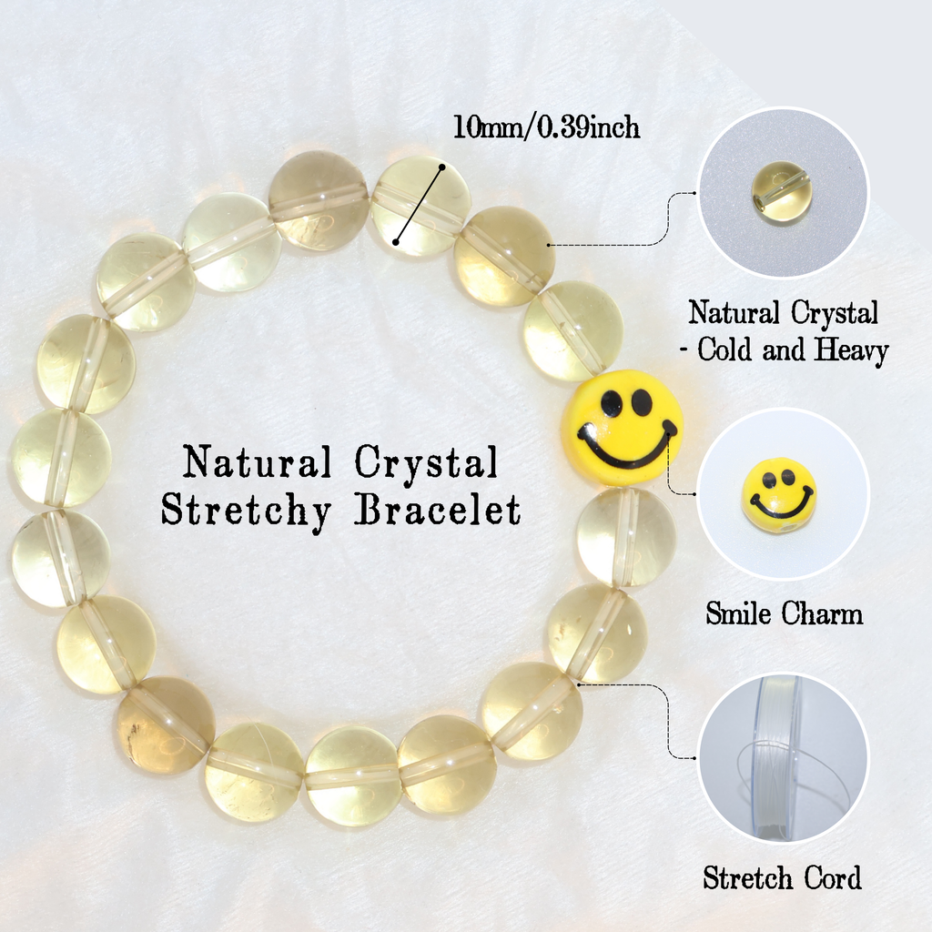 Natural Citrine Crystal Stretch Bracelet | Smiley Face Charm (10mm, ONE SIZE)