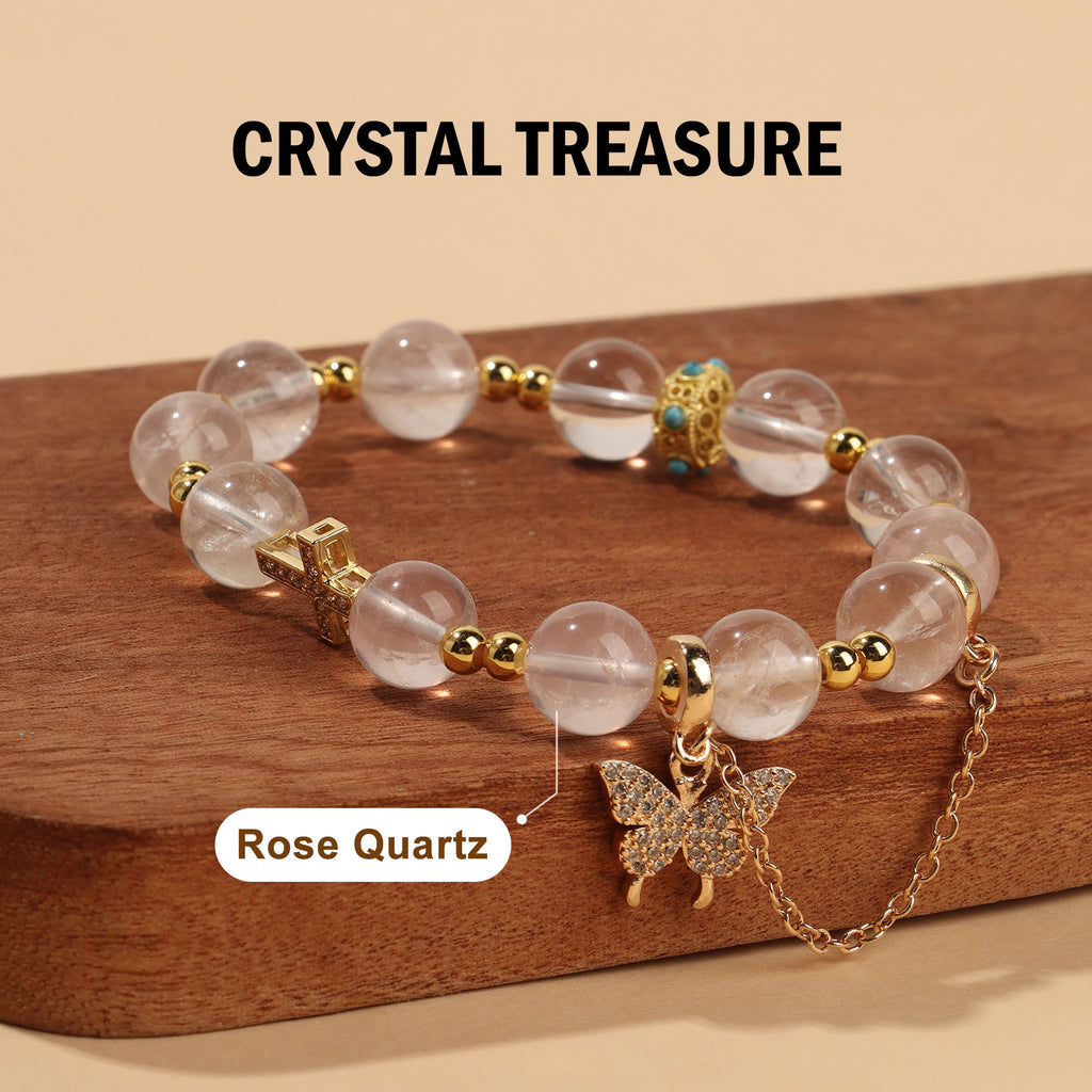Romantic Rose Quartz Charm Stretch Bracelet (10mm, ONE SIZE) | Crown + Cross + Butterfly