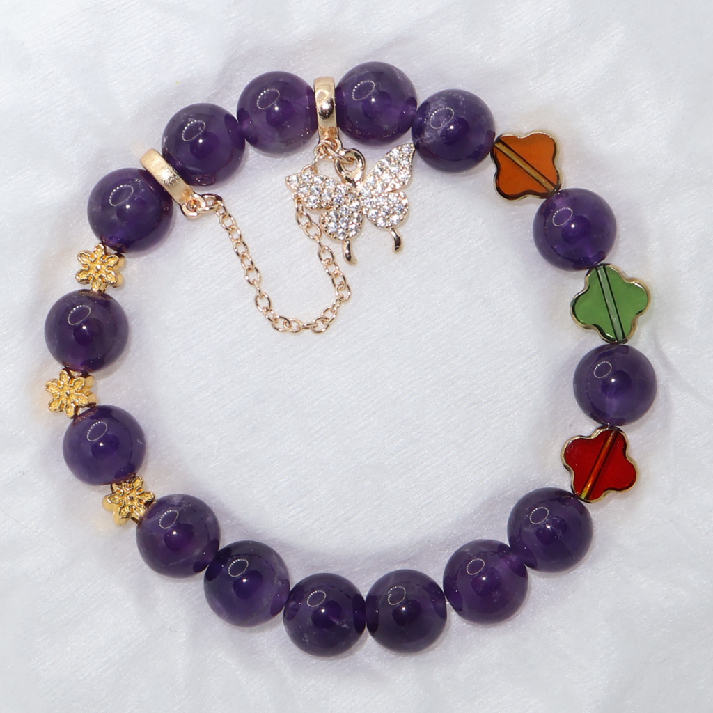 Natural Amethyst Garden Charm Stretch Bracelet (10mm, ONE SIZE)