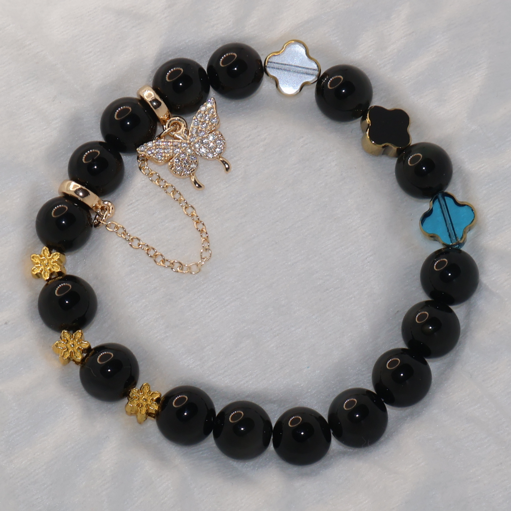 Natural Obsidian Garden Charm Stretch Bracelet (10mm, ONE SIZE)